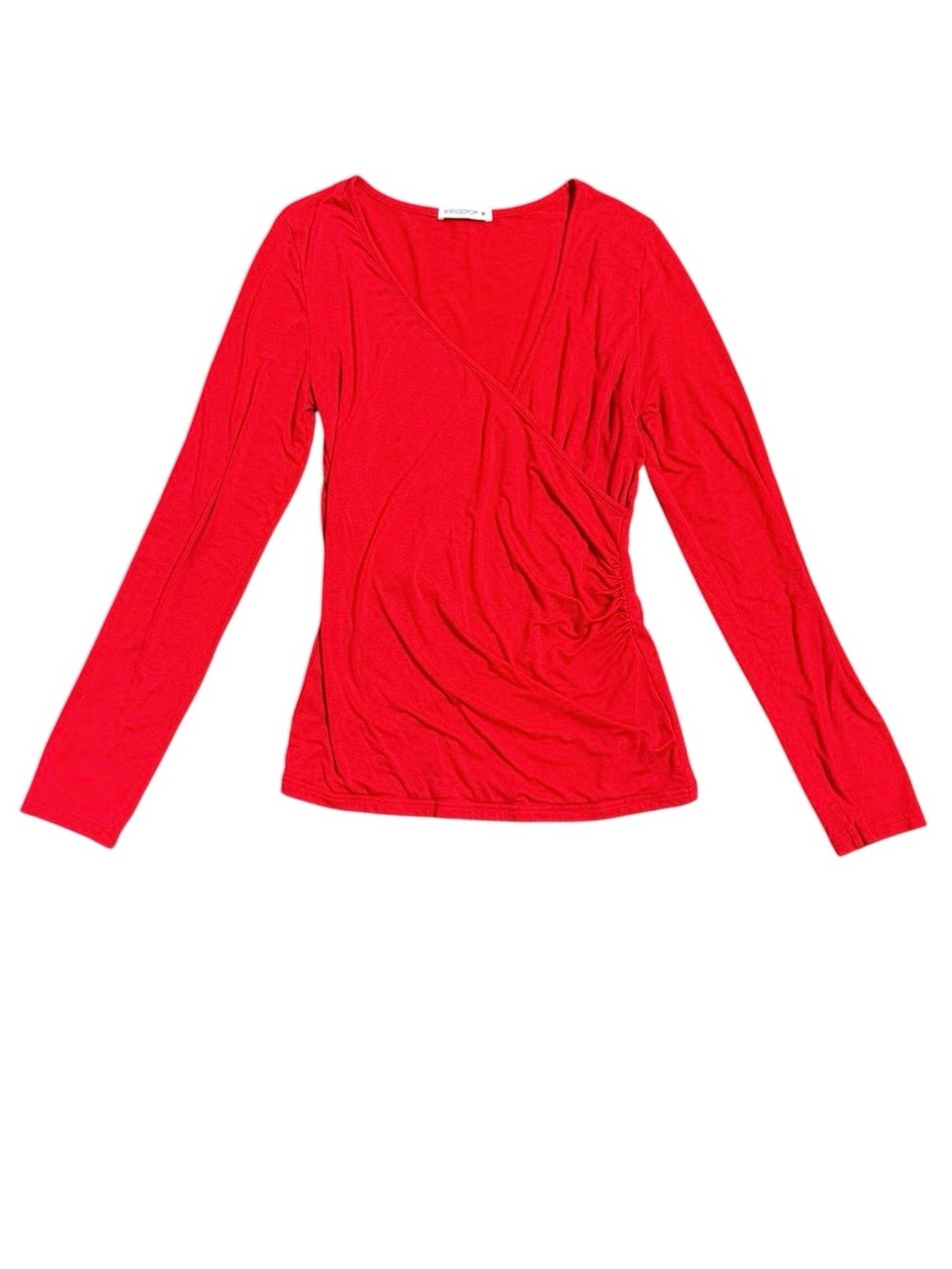 Mango Red Long-Sleeve cross Wrap-Style plunge neck Top